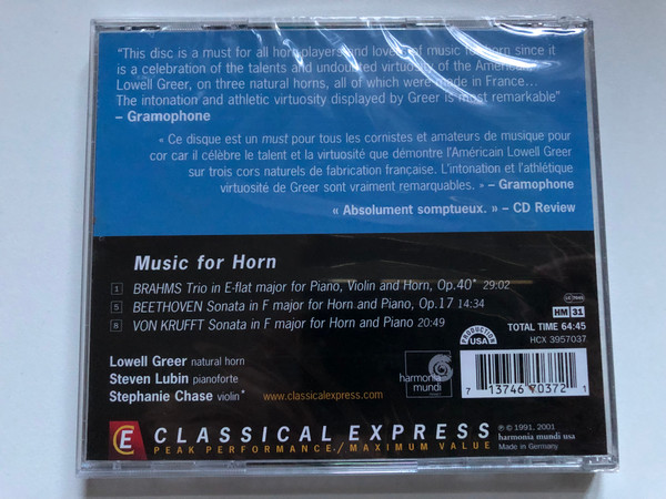 Music For Horn - Brahms, Beethoven - Lowell Greer, Steven Lubin (piano), Stephanie Chase (violin) / Classical Express / Harmonia Mundi Audio CD 2001 / HCX 3957037