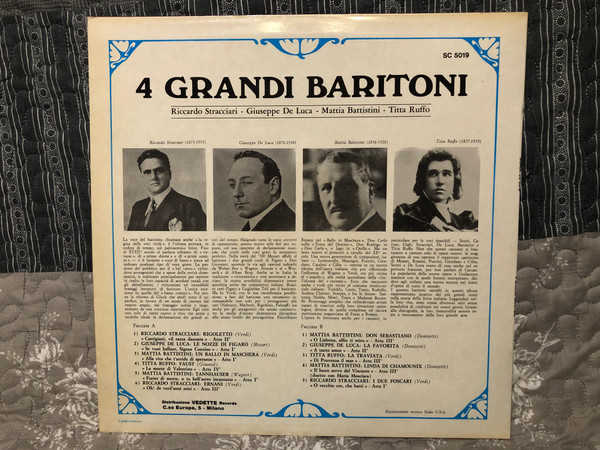 Riccardo Stracciari, Giuseppe De Luca (3), Mattia Battistini, Titta Ruffo – Quattro Grandi Baritoni  Scala  1967 LP VINYL SC 5019