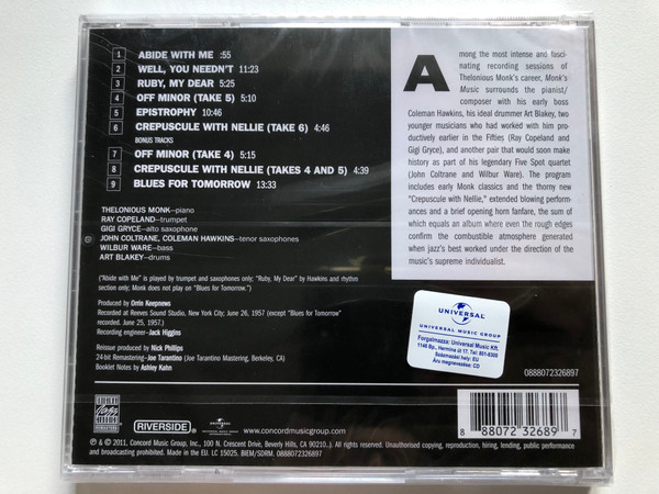 Monk's Music - Thelonious Monk with Coleman Hawkins, Art Blakey, Gigi Gryce / Original Jazz Classics Audio CD 2011 / 0888072326897