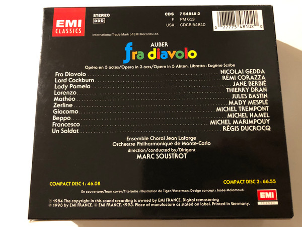 Auber - Fra Diavolo - Nicolai Gedda, Mady Mesplé, Thierry Dran, Jane Berbié, Rémy Corazza, Jules Bastin, Ensemble Choral Jean Laforge, Orchestre Philharmonique de Monte-Carlo, Marc Soustrot / EMI Classics 2x Audio CD 1993 Stereo / CDS 7 54810 2