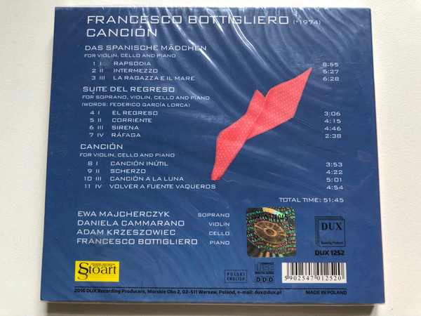 Cancion - Francesco Bottigliero / Ewa Majcherczyk, Daniela Cammarano, Adam Krzeszowiec, Francesco Bottigliero / DUX Recording Audio CD 2016 / DUX 1252