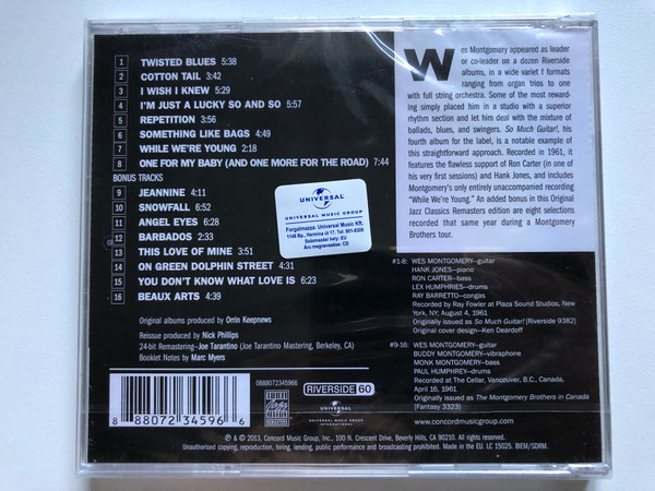 So Much Guitar! - Wes Montgomery with Hank Jones, Ray Barretto, Ron Carter, Lex Humphries / Original Jazz Classics Audio CD 2013 Stereo / 0888072345966