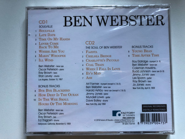 Ben Webster - Soulville - The Soul Of Ben Webster / Two Original Albums Plus Bonus Tracks / Factory Of Sounds 2x Audio CD 2018 / FOS 2205156