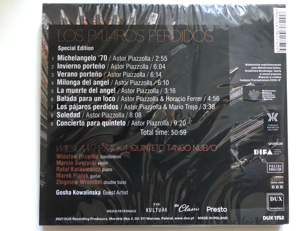 Wieslaw Przadka - Quinteto Tango Nuevo - Special Edition / Astor Piazzolla, Los Pajaros Perdidos, Guest Artist: Gosha Kowalinska (mezzo-soprano) / DUX Recording Audio CD 2021 / DUX 1752