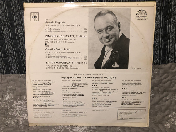 Paganini, Saint Saëns, Zino Francescatti – Paganini Concerto No.1 In D Major, Op. 6 + Saint Saëns Concerto No. 3 In B Minor, Op. 61  Supraphon  LP VINYL SUA 10935