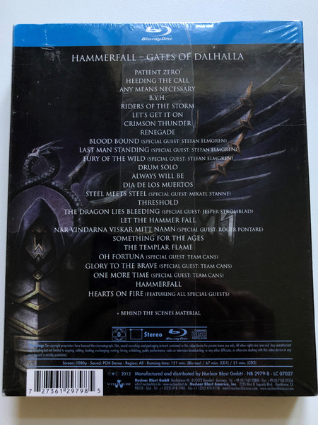 HammerFall – Gates Of Dalhalla / Their 15th Anniversary Show! 150 min. on Blu-ray & 2CD! / Their longest show ever with 26 songs & special guests! Incl. behind the scenes. / Nuclear Blast Blu-ray Disc + 2x Audio CD 2012 / NB 2979-8