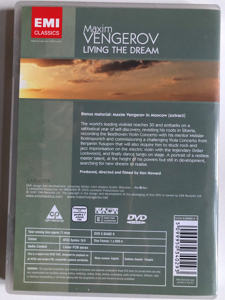 Maxim Vengerov – Living The Dream / Illustrated with stunning performance sequences, this film serves as a fascinating study of the world-class violinist at a crucial period in his career / EMI Classics DVD Video CD 2007 / 5099950340293