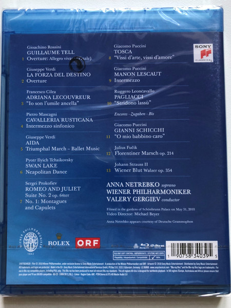 2018 Summer Night Concert = Sommernachtskonzert / Wiener Philharmoniker, Valery Gergiev, Anna Netrebko / An Italian Night As Seen On TV / Sony Classical Blu-ray Disc 2018 / 19075834039