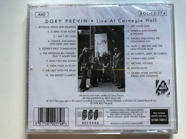 Dory Previn - In Concert April 18, 1973 8PM - Carnegie Hall / BGO Records Audio CD 1998 / BGOCD374