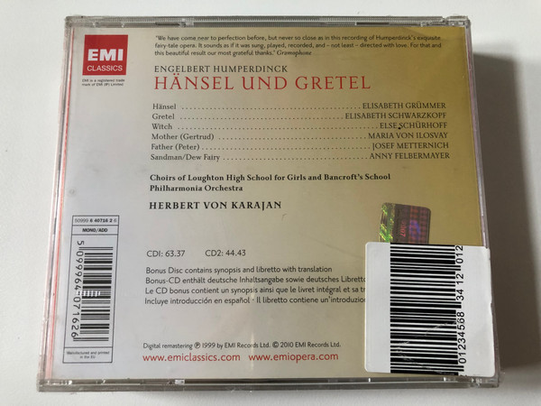 Humperdinck - Hänsel Und Gretel / Elisabeth Schwarzkopf, Elisabeth Grümmer, Else Schürhoff, Maria von Ilosvay, Josef Metternich, Anny Felbermayer, Philharmonia Orchestra / EMI Classics 2x Audio CD + Bonus CD 2010, Mono / 5099964071626