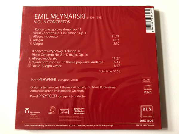 Emil Mlynarski - Violin Concertos No. 1 in D minor, Op. 11; No. 2 in D major, Op. 16 / Piotr Plawner (violin), Arthur Rubinstein, Philharmonic Orchestra, Pawel Przytocki (conductor) / DUX Recording Producers Audio CD 2019 / DUX 1606 