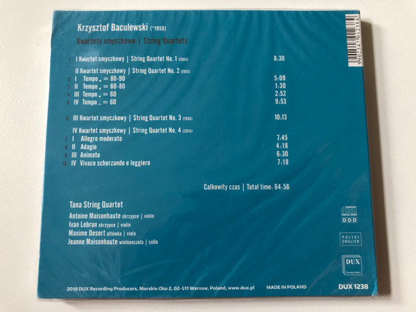 Krzysztof Baculewski - String Quartets - Tana String Quartet / DUX Recording Producers Audio CD 2018 / DUX 1238