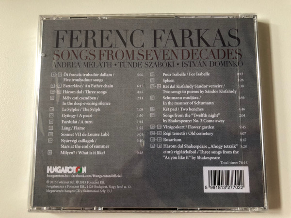 Ferenc Farkas - Songs From Seven Decades - Andrea Meláth, Tünde Szabóki, István Dominkó / Hungaroton Audio CD 2015 / HCD 32770
