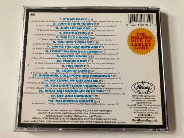 The Golden Hits Of Lesley Gore / It's My Party; Hey Now; Just Let Me Cry; Sunshine, Lollipops And Rainbows; That's The Way Boys Are; You Don't Own Me; Judy's Turn To Cry; Maybe I Know / Mercury Audio CD 1987 / 810 370-2 M-1