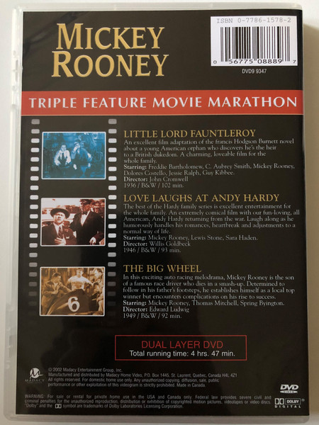 Mickey Rooney - Triple Feature Movie Marathon: Little Lord Fauntleroy; Love Laughs At Andy Hardy; The Big Wheel / 3 Full Length Feature Films / Madacy DVD Video CD 2002 / DVD9 9347