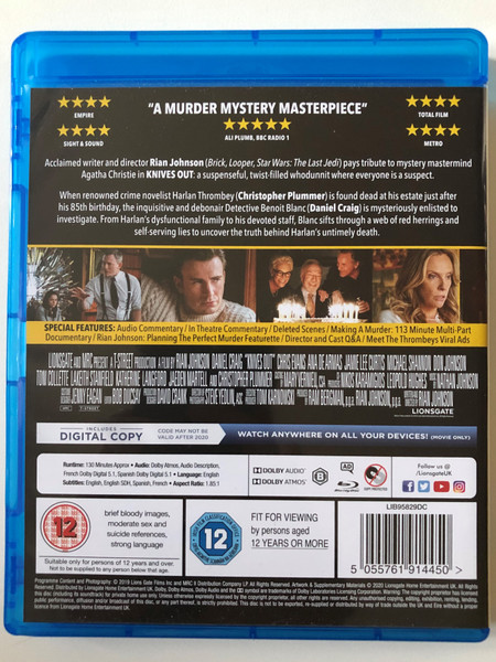 Knives Out / Daniel Craig, Chris Evans, Ana De Armas, Jamie Lee Curtis, Michael Shannon, Don Johnson, Toni Collette, Lekeith Stanfield, Katherine Langford, Jaeden Martell and Christopher Plummer / Lions Gate Blu-Ray Disc 2019 / LIB95829DC