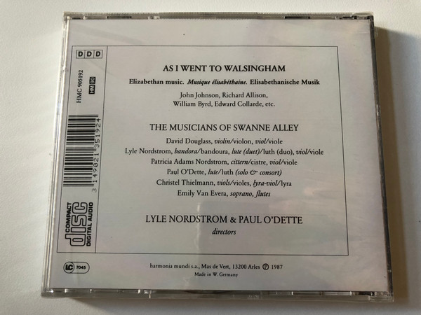 As I Went To Walsingham - Elisabethan Music = Musique Elisabethaine - ''The Musicians Of Swanne Alley'' - Lyle Nordstrom, Paul O'Dette / Harmonia Mundi USA Audio CD 1987 / HMC 905192