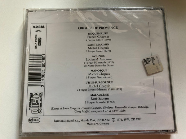 Orgues De Provence - Roquemaure; Saint-Maximin; Avignon; Manosque; Isle-Sur-Sorgue; Malaucène / Musique D'Abord / Harmonia Mundi France Audio CD 1987 / HMA 190760