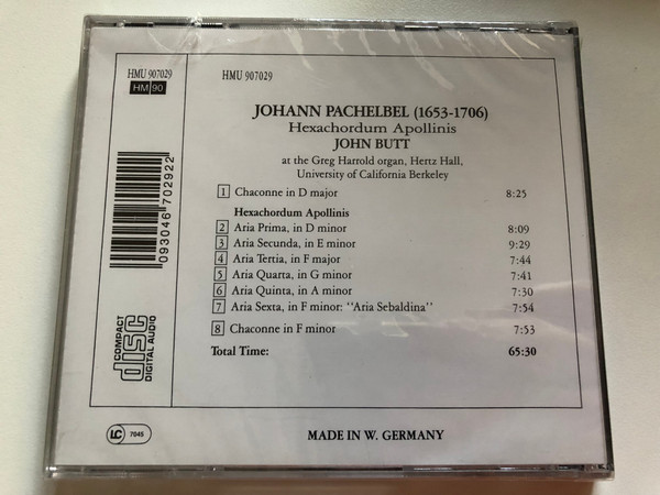 Pachelbel - Hexachordum Apollinis - John Butt (organ) / The O'Neill Collection Series – I / Harmonia Mundi France Audio CD 1990 / HMU 907029