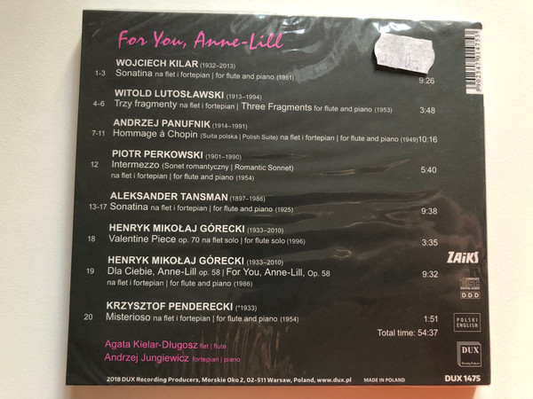 For You, Anne-Lill - Agata Kielar-Dlugosz (flute), Andrzej Jungiewicz (piano) / DUX Recording Producers Audio CD 2018 / DUX 1475