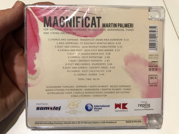 Martin Palmeri - Magnificat / Aleksandra Turalska (soprano), Agata Schmidt (mezzo-soprano), Mario Stefano Pietrodarchi (bandoneon), Martin Palmeri (piano), Astrolabium Choir / DUX Recording Producers Audio CD 2016 / DUX 1343