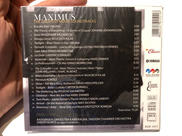 Maximus: The Greatest Movie Soundtracks - Maksym Rzemiński (piano), Radom Chamber Orchestra, Dawid Runtz (conductor) / Zimmer; Morricone; Yiruma; Komeda; Badalamenti / DUX Recording Producers Audio CD 2018 / DUX 1511