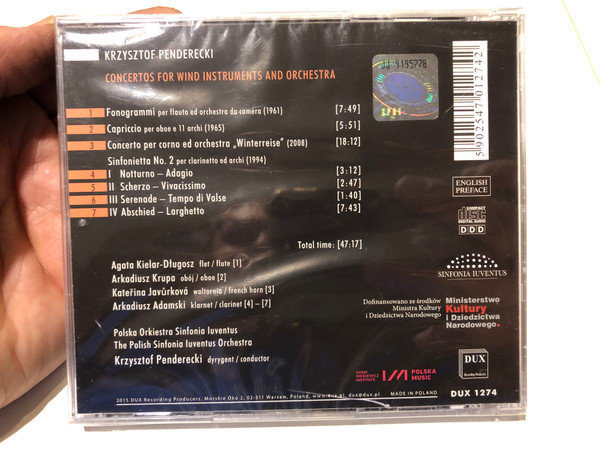 Penderecki - Concertos For Wind Instruments And Orchestra / Agata Kielar-Długosz (flute), Arkadiusz Krupa (oboe), Kateřina Javůrková (french horn), Arkadiusz Adamski (clarinet) / DUX Recording Producers Audio CD 2015 / DUX 1274