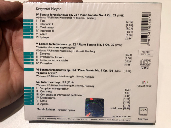 Krzysztof Meyer - Piano Works vol. 2: Piano Sonatas Nos. 4 - 6; 6 Intermezzi - Marek Szlezer (piano) / DUX Recording Producers Audio CD 2014 / DUX 0505