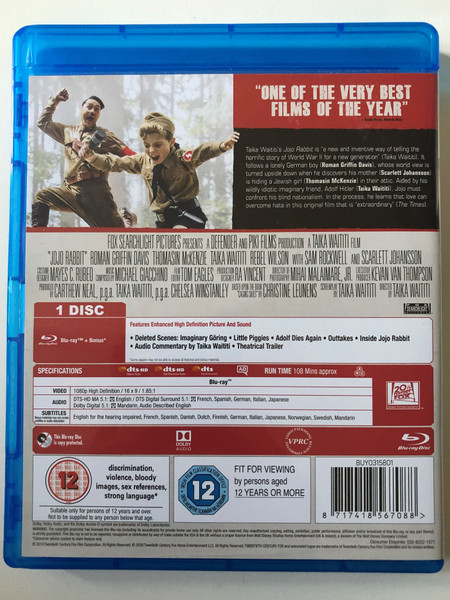 Jojo Rabbit / Roman Griffin Davis; Thomasin McKenzie; Taika Waititi; Rebel Wilson; Stephen Merchant; Alfie Allen with Sam Rockwell and Scarlett Johansson / Twentieth Century Fox Blu-ray Disc 2020 / BUY0315801 