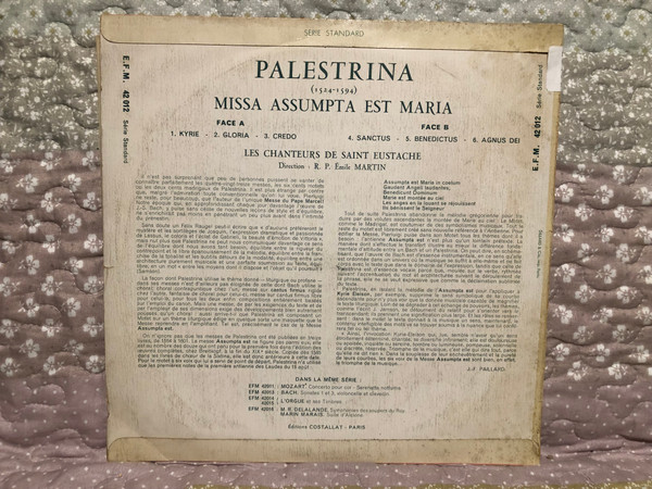 Palestrina – Missa "Assumpta est Maria" par Les Chanteurs De St Eustache, Direction: R. P. Émile Martin / Collection Fiori Musicali / Erato LP / EFM 42012