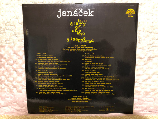 Janáček – The Diary Of One Who Disappeared / Vilem Pribyl (tenor), Libuše Marova (contralto), Kuhn Female Choir, Pavel Kuhn, Josef Paleniček (piano) / Supraphon LP 1979 Stereo / 1112 2414