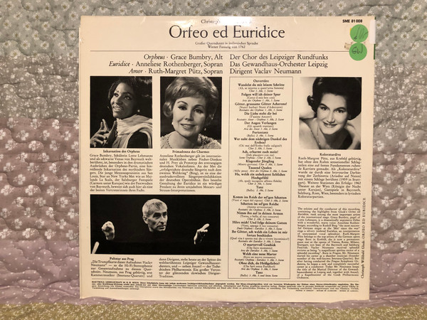 Christoph Willibald Gluck - Orfeo Ed Euridice (Großer Querschnitt in Italienischer Sprache. Wiener Fassung von 1762) - Grace Bumbry, Anneliese Rothenberger, Ruth-Margret Pütz / Der Chor Des Leipziger Rundfunks / EMI Electrola LP / SME 81 008