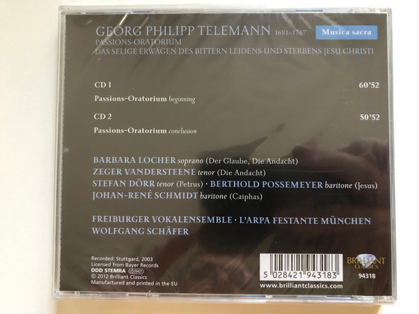 Telemann: Passions-Oratorium: Das Selige Erwägen Des Bittern Leidens Und Sterbens Jesu Christi - Freiburger Vokalensemble, L'Arpe Festante München / Musica Sacra / Brilliant Classics 2x Audio CD 2012 / 94318