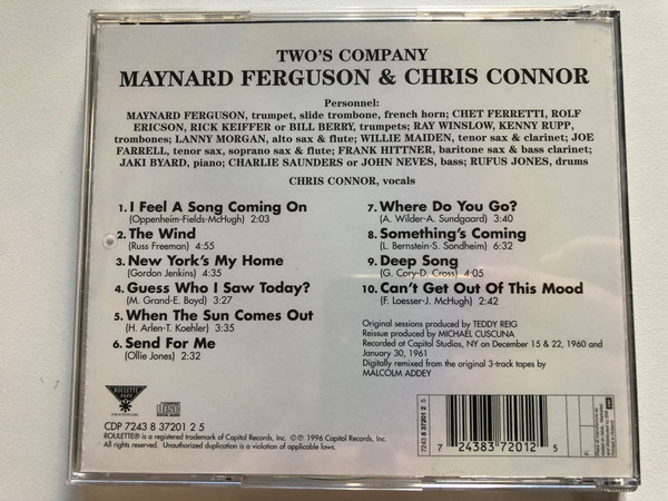 ''Two's Company'' With Maynard Ferguson And Chris Connor / Roulette Jazz Audio CD 1996 / CDP 7243 8 37201 2 5