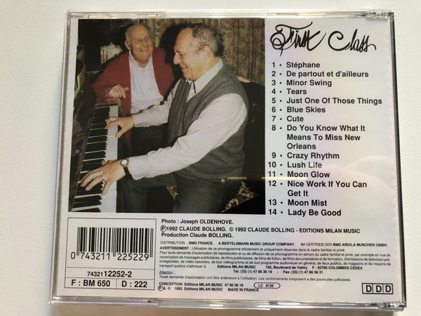 Claude Bolling Big Band, Stéphane Grappelli – First Class / Éditions Milan Music Audio CD 1992 / 7432112252-2 