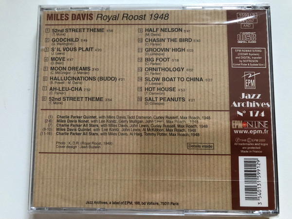 Miles Davis – Royal Roost, Cool And Bebop 1948 / Featuring: Charlie Parker, Tadd Dameron, Lee Konitz, Gerry Mulligan, John Lewis, Max Roach / EPM Audio CD 2000 / 159912