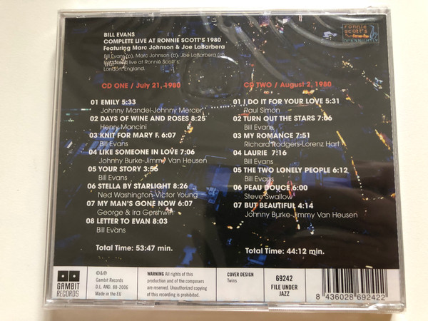 Bill Evans – Complete Live At Ronnie Scott's 1980 / Gambit Records 2x Audio CD 2006 / 69242