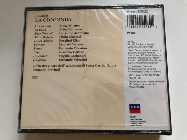 Ponchielli: La Gioconda - Milanov, Di Stefano, Warren / Orchestra e coro dell' Accademia di Santa Cecilia, Roma, Fernando Previtali / Grand Opera / Decca 3x Audio CD / 444 598-2