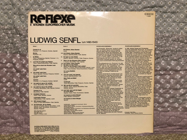 Ludwig Sengl: Deutsche Lieder - Wally Staempfli (sopran), Kurt Huber Und Fritz Näf (tenor), Eugen M. Dombois (laute), Ricercare-Ensemble Für Alte Musik, Zürich, Leitung Michel Piguet / Reflexe / His Master's Voice LP 1972 / 1C 063-30 104