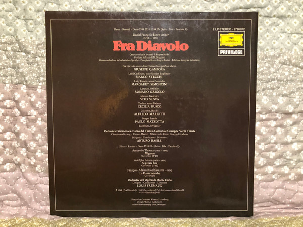 Daniel Francois Esprit Auber: Fra Diavolo - Orchestra Filarmonica E Coro Del Teatro Giuseppe Verdi Trieste, Arturo Basile / Deutsche Grammophon Privilege / Deutsche Grammophon 2x LP Stereo 1976 / 2726 072