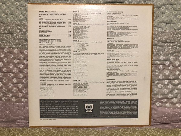 Jan Pieterszoon - Sweelinck Psalms and Cantiones Sacrae / Netherlands Chamber Choir, Felix De Nobel (conductor) / Philips LP Stereo / PHC 9006