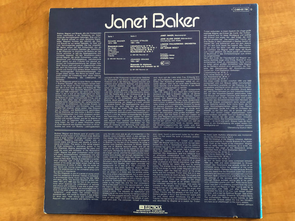 Janet Baker - Brahms: Alt-Rhapsodie/Wagner: Wesendonk-Lieder/Strauss: Liebeshymnus - Ruhe, Meine Seele - Das Rosenband - Muttertändelei / London Philharmonic Orchestra, Sir Adrian Boult / His Master's Voice LP 1971 / 1C 065-02 758 Q
