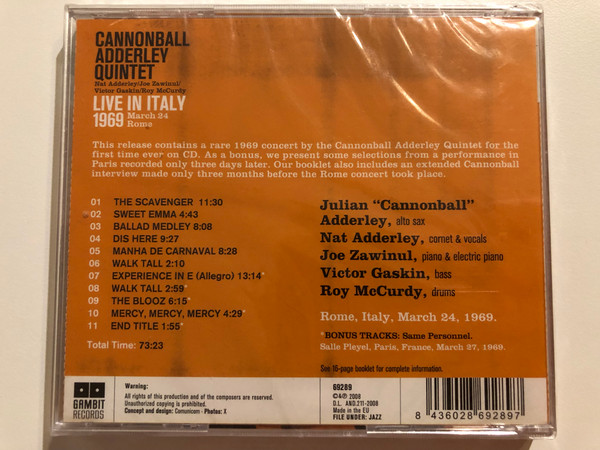 Cannonball Adderley Quintet: Live In Italy 1969, March 24, Rome / Nat Adderley, Joe Zawinul, Victor Gaskin, Roy McCurdy / Gambit Records Audio CD 2008 / 69289