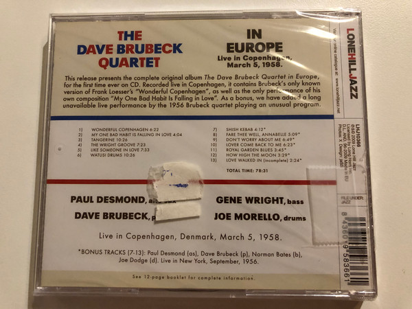 The Dave Brubeck Quartet - In Europe (Live In Copenhagen, March 5, 1958.) / Lone Hill Jazz Audio CD 2009 / LHJ10366