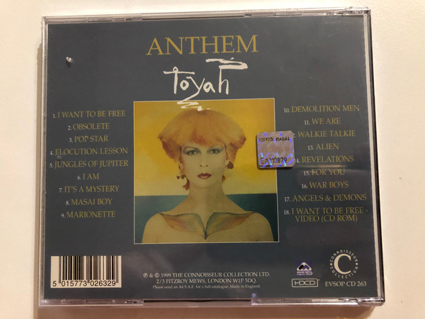 Anthem - Toyah / Enhanced CD featuring full Video of 'I Want To Be Free' plus bonus tracks / Connoisseur Collection Audio CD 1999 / EVSOP CD 263