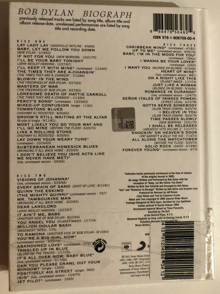 Bob Dylan – Biograph / 53 Legendary Tracks, Spanning 1962-1981 / Includes 21 Rare Recordings. 44 Page Colour Book Including Rare Photos, Exclusive Interviews and Track-by-Track Notes / Columbia 3x Audio CD, Box Set 2011 / 88697 85648 2