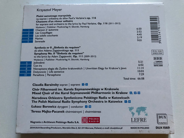 Krzysztof Meyer: Chansons D’un Reveur Solitaire Op. 116; Symphony No. 8 ''Sinfonia da requiem'', Op. 111 / Claudia Barainsky (soprano) / DUX Recording Producers Audio CD 2019 / DUX 1569