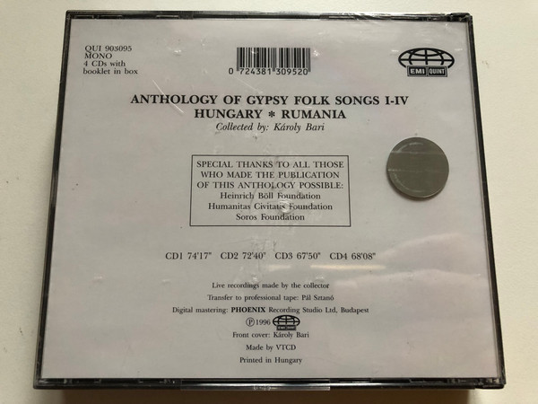 Anthology Of Gypsy Folk Songs I - IV: Hungary, Rumania - Collected by: Karoly Bari / EMI Quint 4x Audio CD 1996 Mono / QUI 903095