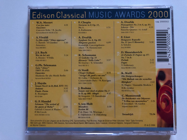 Edison Classical Music Awards 2000 / Cecilia Bartoli, Maria Callas, Aafje Heynis, Arthur Rubinstein, Vladimir Ashkenazy, Maxim Vengerov, Ronald Brautigam, en vele anderen / Stichting CPG Audio CD 2000 / 2000002