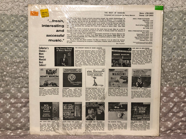 The Best Of Mancini - Composed and conducted by Henry Mancini / Side 1 - From Television; Side 2 - From Motion Pictures / RCA Victor LP 1964 Stereo / LSP-2693
